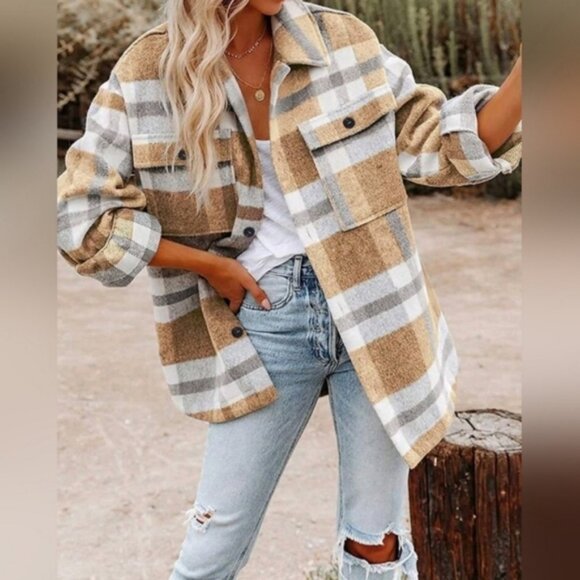 New Plaid Flannel Button Up Top Jacket Shacket Tan Gray White - Picture 1 of 5